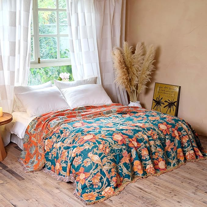 MSGKV Boho Throw Blanket for Bed Twin Size 100% Cotton Floral Bird Blanket 60"x80" Sofa Couch Blankets Muslin Spring Breathable Lightweight Farmhouse Blankets Boho Home Decor All Seasons