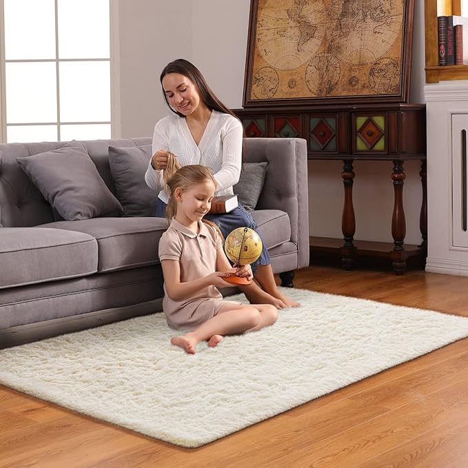 Ophanie 3x5 Rug, Bedside Preppy Dorm Area Rug, College Essentials Non Slip Ivory Small Carpets for Bedroom, Anti Slip Fluffy Living Room Rugs Home Decor Aesthetic, Nursery