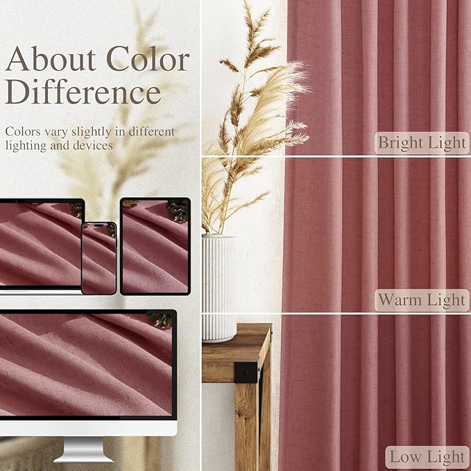 Canyon Rose Linen Curtains for Living Room 126 Inches Long Light Filtering Semi Sheer Curtain Back Tab Modern Farmhouse Decor Boho Girl Drapes Floor to Ceiling High Window for Bedroom 52x126, 2 Panels