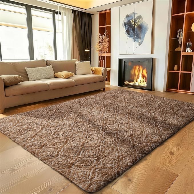 Ophanie Brown and White Diamond Striped Rugs for Living Room 5x7, Fluffy Shag Large Fuzzy Plush Soft Carpets, Shaggy Rugs for Bedroom, Carpet for Kids Boys Girls Dorm Nursery Home Decor Aesthetic