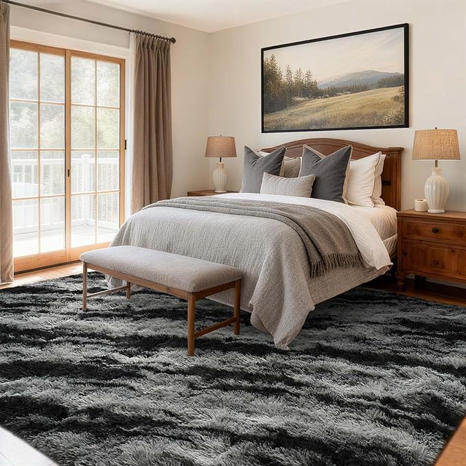 9x12 Ft Extra Large Shag Rugs for Living Room, Ultra Soft Fluffy Furry Area Rugs for Bedroom Indoor Floor, Aesthetic Carpet for Kids Home Decor (Black)
