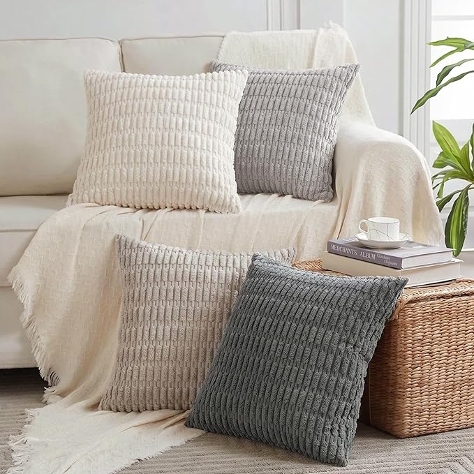 Fancy Homi Set of 4 Grey and White Boho Decorative Throw Pillow Covers 28x28 Inch for Couch Bed Sofa, Aesthetic Modern Bohemian Room Decor, Fuzzy Fluffy Cozy Corduroy Textured Cushion Case 71x71cm
