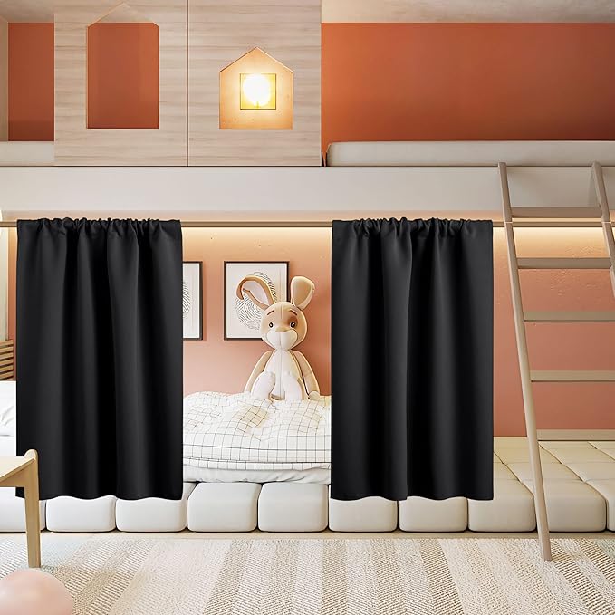 RYB HOME Basement Bathroom Kitchen Cafe Blackout Privacy Curtains, Short Insulating Light UV Heat Blocking Privacy Curtain Tiers for Laundry Room, Width 34 by Length 30, Black, 2 Panels