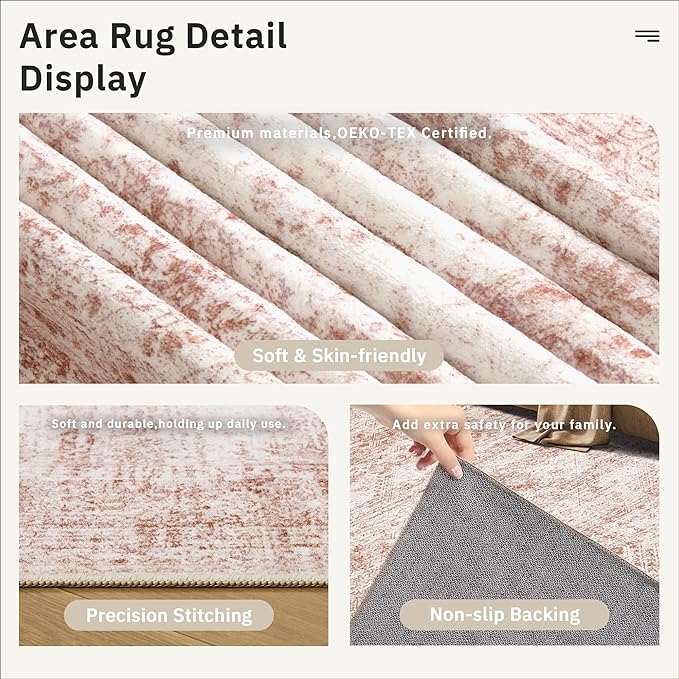 5x7 Area Rugs Pink Low Pile Indoor Washable Trendy Faded Style Rugs for Bedroom Living Room Dining Room Foldable Non-Slip Thin Print Mat