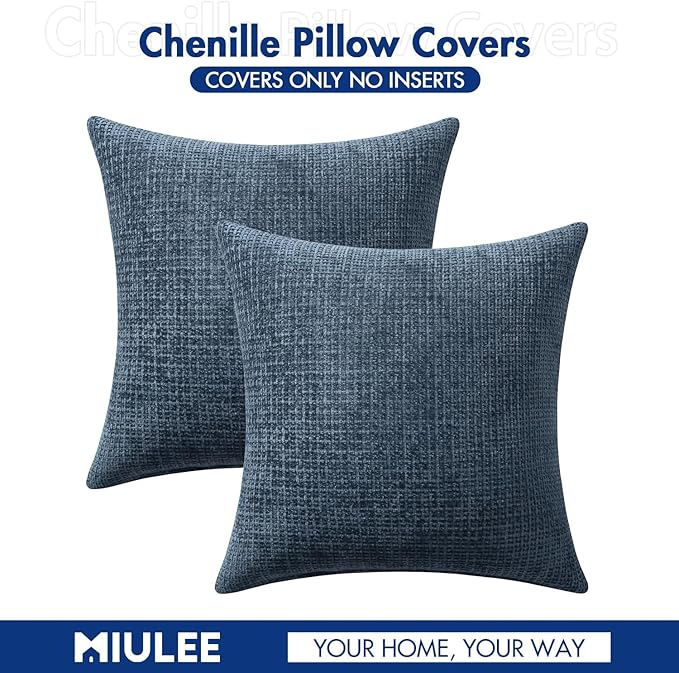 MIULEE Pack of 2 Lumbar Couch Throw Pillow Covers 20x12 Inch Coastal Navy Blue Modern Boho Accent Decorative Pillow Covers Soft Chenille Farmhouse Cushion Covers for Home Decor Bed Sofa Living Room