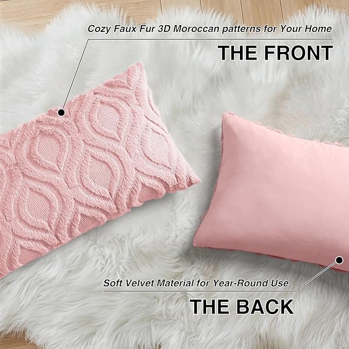 decorUhome Throw Pillow Covers 12x20 Inch Set of 2, Soft Plush Faux Wool Pink Solid Couch Pillow Covers, Accent Farmhouse Neutral Rectangle Pillow Cases for Sofa Bed Living Room