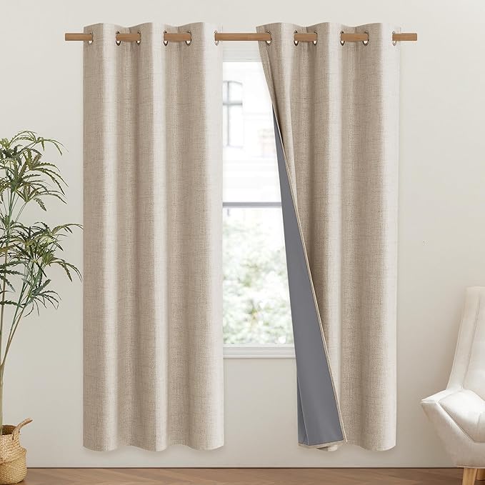 NICETOWN Cream 100% Blackout Linen Curtains 72 inch Long Burg for Classroom, 1 Pair, 42" Width Each Panel, Farmhouse Thick Completely Blackout Window Treatment Thermal Insulated Drapes
