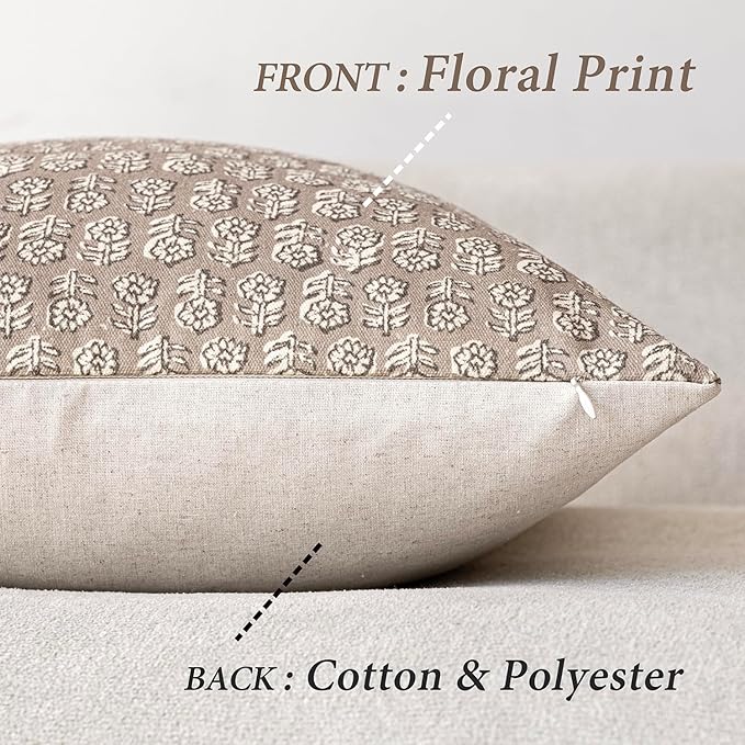 Foindtower Set of 2 Decorative Vintage Floral Print Throw Pillow Covers Neutral Modern Farmhouse Cushion Covers Boho Home Decor for Sofa Couch Chair Bedroom Living Room,24×24 Inch,Tan Taupe