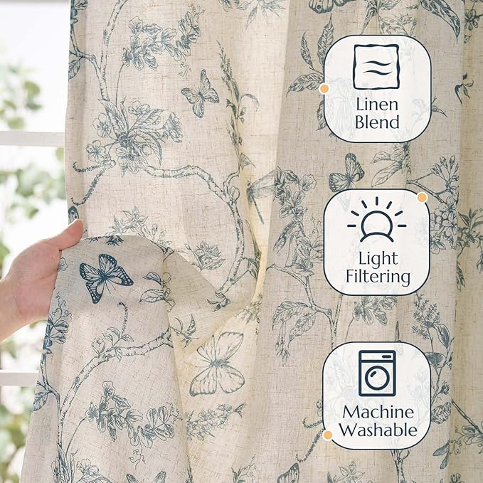 jinchan Floral Curtains Lined Linen Blend Curtain for Living Room 63 Inch Length Blue Flower Patterned Curtain French Country Farmhouse Curtains Drapes Back Tab Rod Pocket 2 Panels