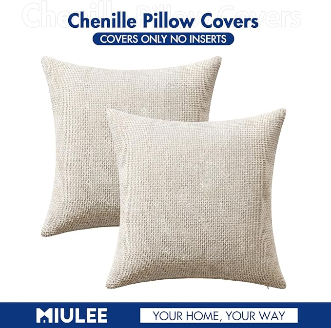 MIULEE Pack of 2 Couch Throw Pillow Covers 22x22 Inch Neutral Beige Modern Boho Accent Decorative Pillow Covers Soft Chenille Farmhouse Cushion Covers for Home Decor Bed Sofa Living Room