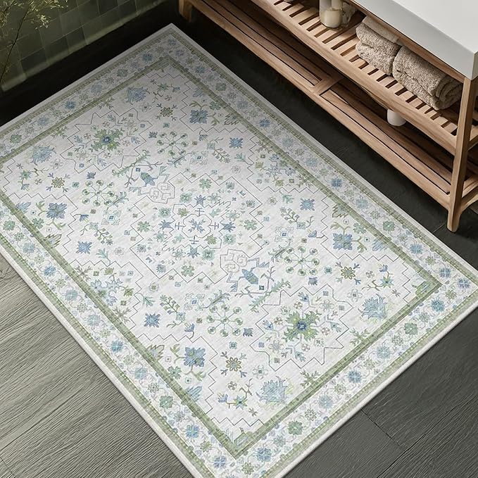 Washable Boho Bathroom Rug 2x3 - Small Throw Area Rugs for Powder Room, Laundry, Kitchen, Blue and Green Oushak Modern Eclectic Geometric Floral Pastel Decor, Low Pile Non-Slip Stain Resistant