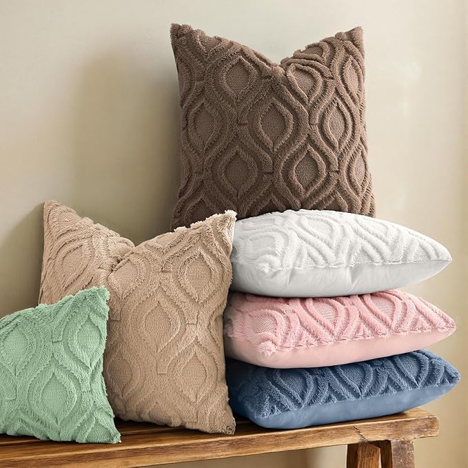 decorUhome Throw Pillow Covers 22x22 Inch Set of 2, Soft Plush Faux Wool Brown Solid Couch Pillow Covers, Accent Euro Sham Farmhouse Neutral Square Pillow Cases for Sofa Bed Living Room