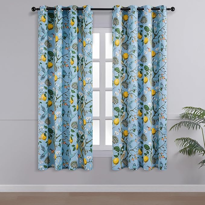 Topfinel 54 Inches Long Short Blue Blackout Curtains for Cafe Kitchen, Grommet Room Darkening Luxury Floral Lemon Hummingbird Patterned Waverly Colorful Drapes for Living Room Bedroom