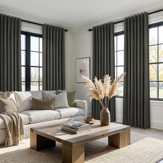 Topfinel 100% Blackout Linen Textured Curtains 84 inches Long Charcoal Gray Thermal Insulating Privacy Energy Saving for Bedroom Living Room Window Office Theater Baby Nursery Back Tab 2 Panels