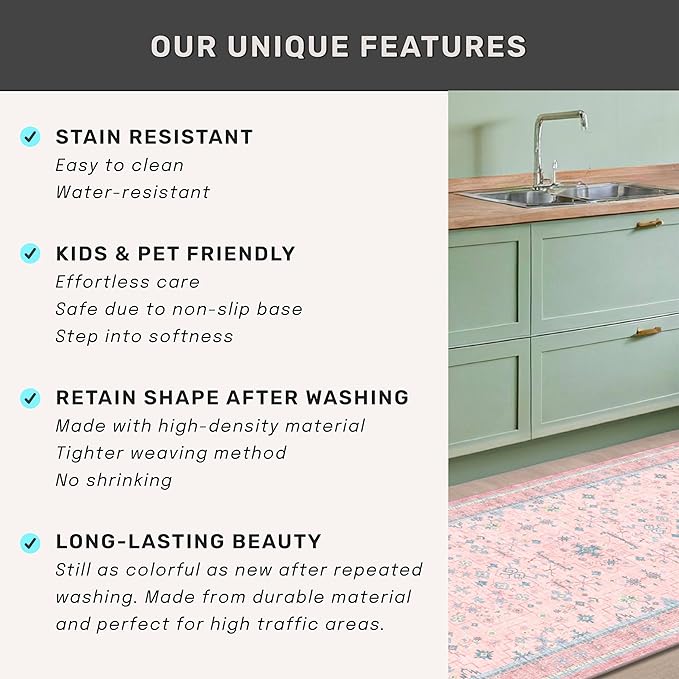 Washable Pink and Blue 6x8 Boho Rugs for Bedroom Girls, Living Room Kids Playroom Nursery Room, Modern Floral Distressed Design, Soft Low Pile Non Slip Stain Resistance Carpet