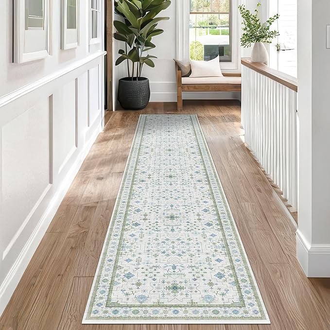 Hazo Haus Oushak Wide Hallway Runner Rug 2'6"x10' - Vintage Turkish Floral, Washable Low Pile Non Slip 10ft Wide Runners for Kitchen, Hall Way - Blue and Green