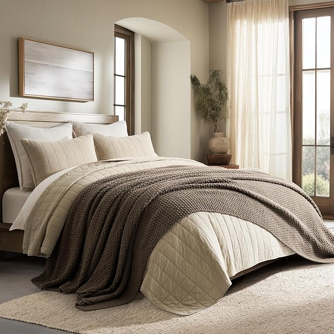 EVERGRACEHOME Chunky Chenille Knit Throw Blanket for Couch, Soft Luxurious Oversized Queen Moss Stitch Blanket for Bed, Cozy Farmhouse Knitted Throw for Sofa, Mocha Brown, 90" x 90"