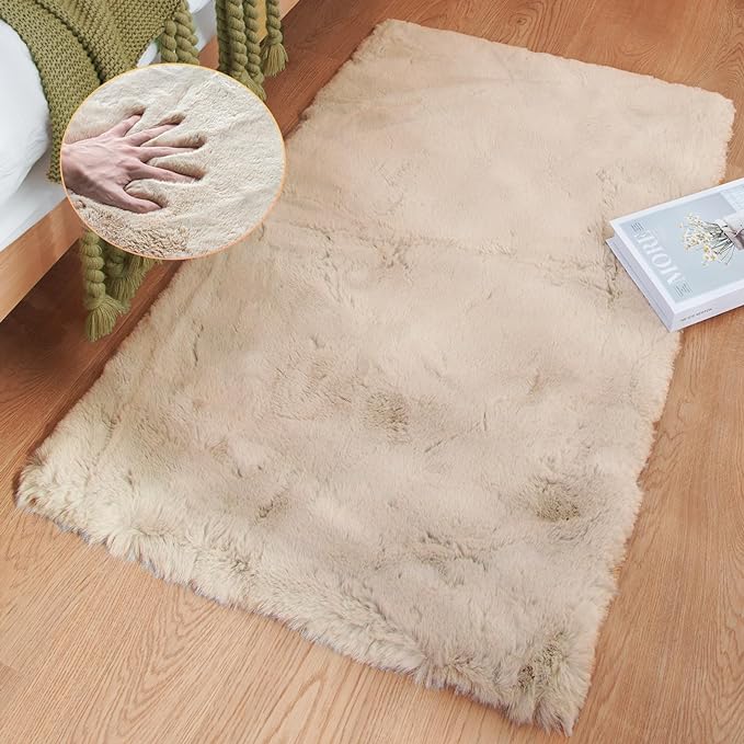 ORINOVA Beige Faux Sheepskin Rabbit Fur Shaggy Rugs for Bedroom Small Shag Washable Fluffy Fur Rug for Living Room Rug 2x3 Nursery Rectange Rugs
