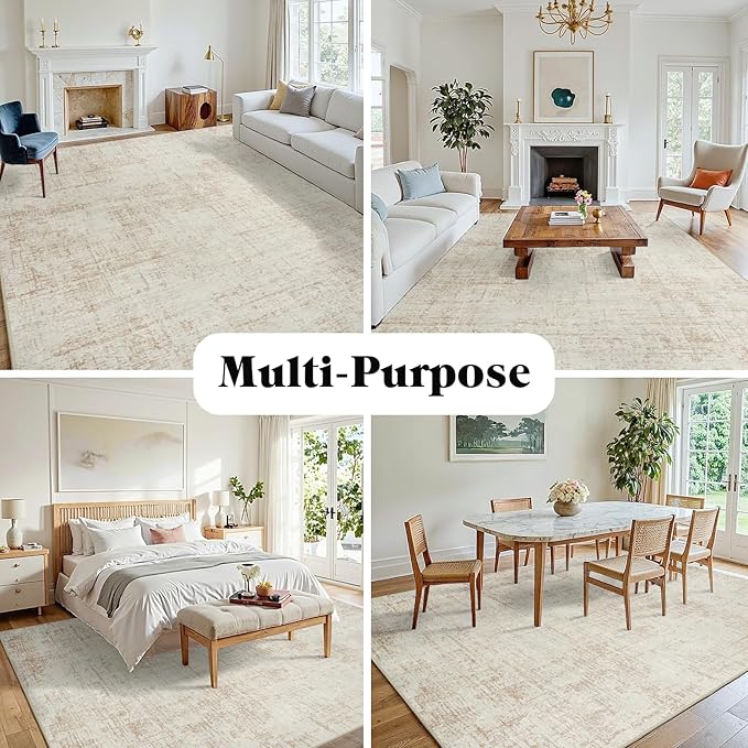 10x12 Area Rugs for Living Room Washable Rug: Anti-Skid Abstract Modern Living Room Rug Soft Thin Carpets Indoor Floor Non-Shedding Carpet for Bedroom Dining Farmhouse Nursery Beige White