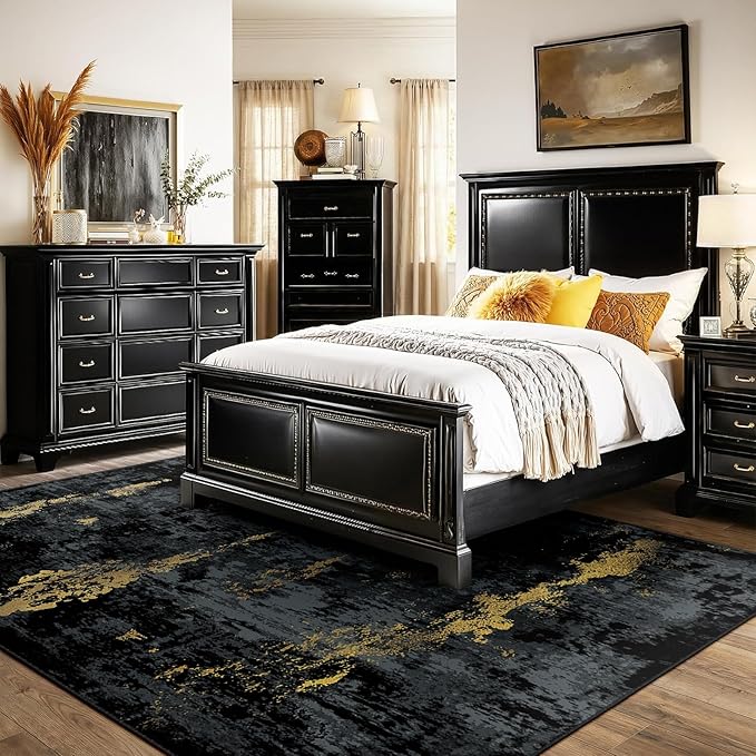 Washable Area Rugs 9'x12' Non-Slip Modern Abstract Soft for Living Room Entryway Bedroom Nursery, Print Pattern, Dark Black Gold