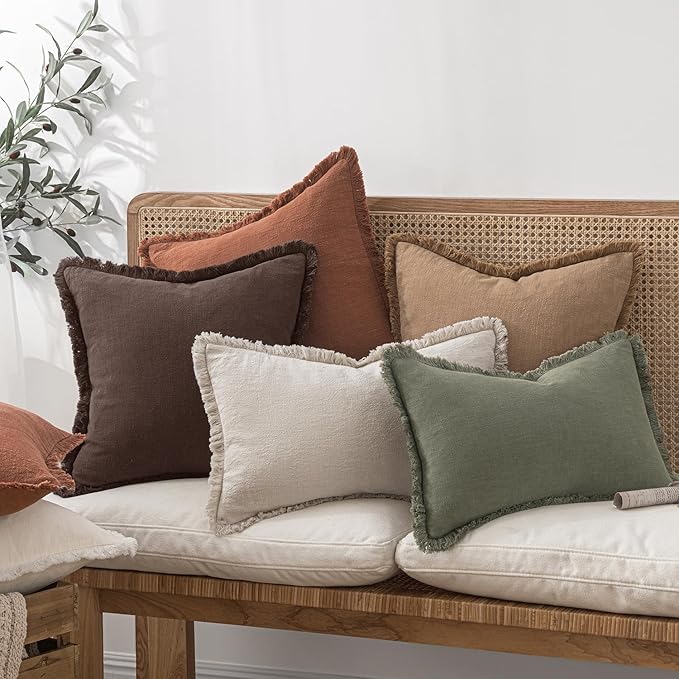 MIULEE Decorative Throw Pillow Covers Neutral Linen Fringe Throw Pillows Euro Shams Set of 2 Dark Brown Boho Farmhouse Cushion Covers for Couch Sofa Bed Living Room Spring Home Decor 24x24 Inch