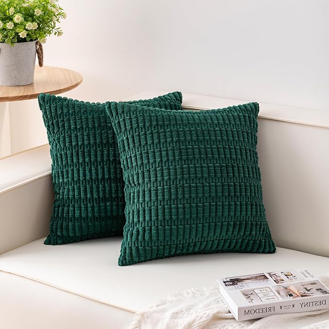 Pack of 2 Corduroy Decorative Throw Pillow Covers 22x22 Inch Soft Striped Pillow Covers Modern Farmhouse Home Decor for Sofa Living Room Couch Bed（Blackish Green）