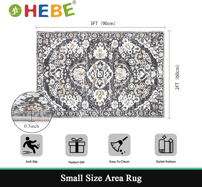 HEBE Washable Area Rug - 2'x3' Non Slip Soft Distressed Medallion Bedroom Boho Living Room Accent Throw Vintage Entry Floor Carpet for Dining Room Bathroom Entryway
