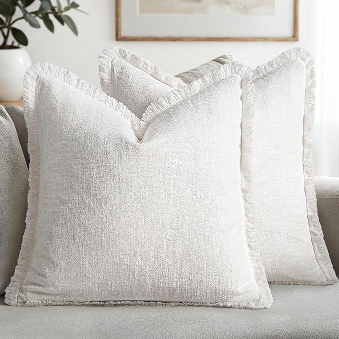 MIULEE Decorative Throw Pillow Covers Neutral Linen Fringe Throw Pillows Euro Shams Set of 2 White Boho Farmhouse Cushion Covers for Couch Sofa Bed Living Room Spring Home Decor 26x26 Inch