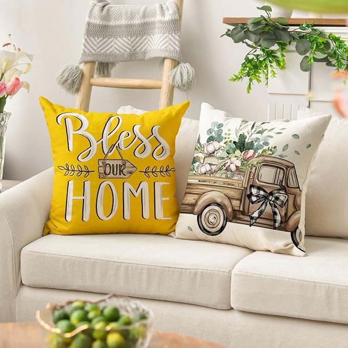 AVOIN colorlife Bless Our Home Farmhouse Eucalyptus Leaves Throw Pillow Covers, 16 x 16 Inch Yellow Truck Home Sweet Cushion Case Decorations Set of 4