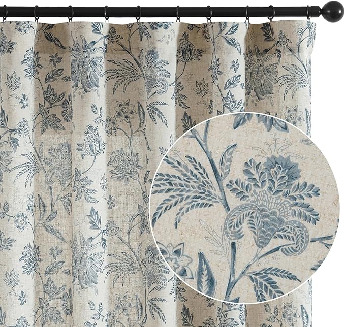 jinchan Linen Floral Curtains for Living Room with Printed Flower 96 Inches Long Light Filtering French Country Back Tab Rod Pocket Blue Window Curtain Set Farmhouse Drapes 2 Panels Blue