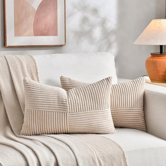 Fancy Homi 2 Packs Tan Lumbar Decorative Throw Pillow Covers 16x26 Inch for Living Room Couch Bed Sofa, Farmhouse Boho Home Decor, Soft Striped Corduroy Rectangle Accent Cushion Case 65x40 cm