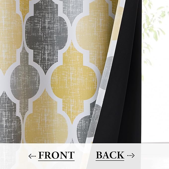 Beauoop 100% Blackout Curtains 72 Inches Long 2 Panels for Bedroom Living Room Yellow Grey Moroccan Geo Room Darkening Thermal Insulated Soundproof Grommet Top Window Treatments Drapes, 50x72 Set of 2