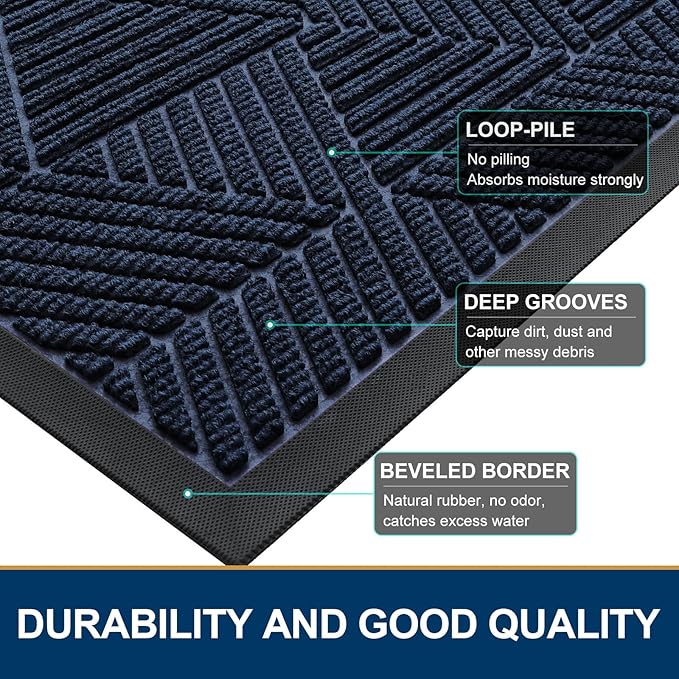 Smiry Front Door Mat Outside Entrance, Heavy Duty Sturdy Natural Rubber Doormat, Trap Dirt and Moisture, Easy Clean Low Profile Mats for Indoor Outdoor Entry, Irregular Triangle (47x17, Navy Blue)