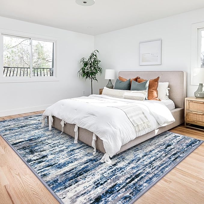 Lansny Modern Abstract 9x12 Large Machine Washable Living Room Rug Non-Slip Soft Bedroom Area Rug Grey Blue White Thin Print Faux Wool Carpet Throw Rugs for Nursery Playroom Dining Room Indoor