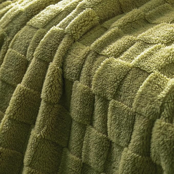 Exclusivo Mezcla Queen Size Flannel Fleece Blanket, Super Soft and Warm Lightweight Checkered Pattern Blankets for All Seasons, 90x90 Inches, Olive Green