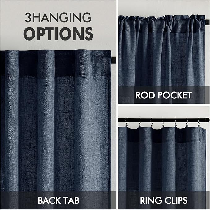 MIULEE Navy Blue Linen Curtains 90 Inch Length 2 Panels for Bedroom Living Room, Soft Thick Linen Textured Natural Window Drapes Semi Sheer Light Filtering Back Tab Rod Pocket Burlap Look Decor