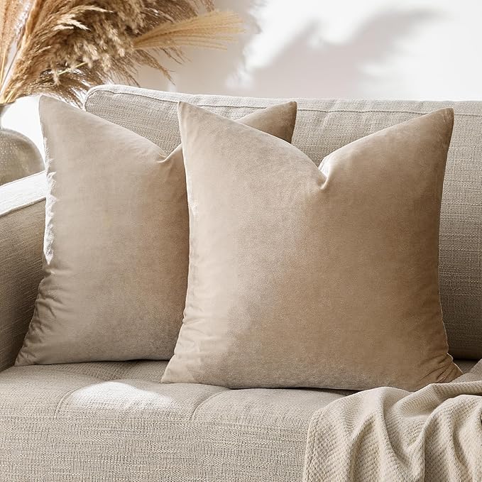 GIGIZAZA Decorative Throw Pillow Covers 18x18,Set of 2 Taupe Square Couch Pillow Covers,Velvet Sofa Boho Cushion Pillows