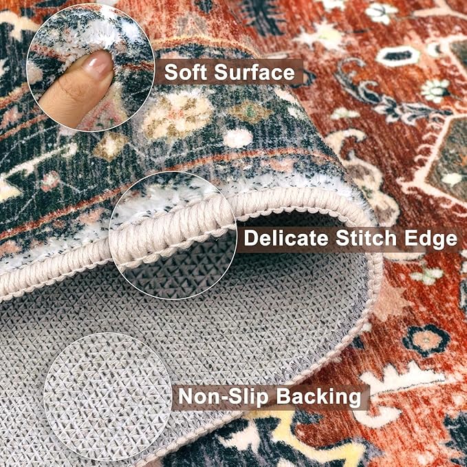 Yamaziot Washable Runner Rug, 2x10 Non-Slip Boho Vintage Hallway Rug Runner with Rubber Backing, Stain Resistant & Low Pile Faux Wool Distressed Carpet Runner for Kitchen, Laundry, Entrance