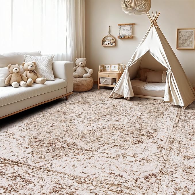 Lofus 8x10 Area Rugs for Living Room, Washable Area Rug, Rugs for Bedroom, Kitchen, Vintage Boho Carpet, Soft Non-Slip, Low Pile Large Area Rug for Office Dining Room, Vintage Beige Brown