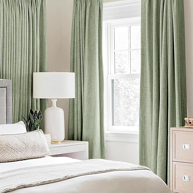 MIULEE Linen Texture 90 Inches Curtains for Bedroom 100% Blackout Thermal Insulated Sage Green Curtains Grommet Room Darkening Curtains/Draperies for Living Room Nursery 52x90 Inch (2 Panels)