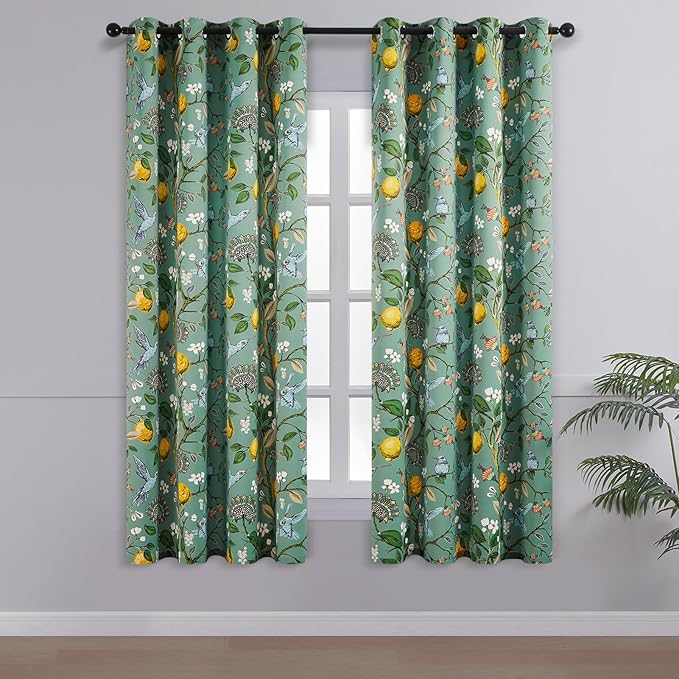 Topfinel 54 Inches Long Short Floral Spring Curtains for Cafe, Blackout Vintage French Country Grommet Room Darkening Patterned Sage Green for Bedroom Dining Living Room