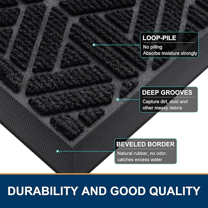 Smiry Front Door Mat Outside Entrance, Heavy Duty Sturdy Natural Rubber Doormat, Trap Dirt and Moisture, Easy Clean Low Profile Mats for Indoor Outdoor Entry, Grid Geometric (47x23, Black)