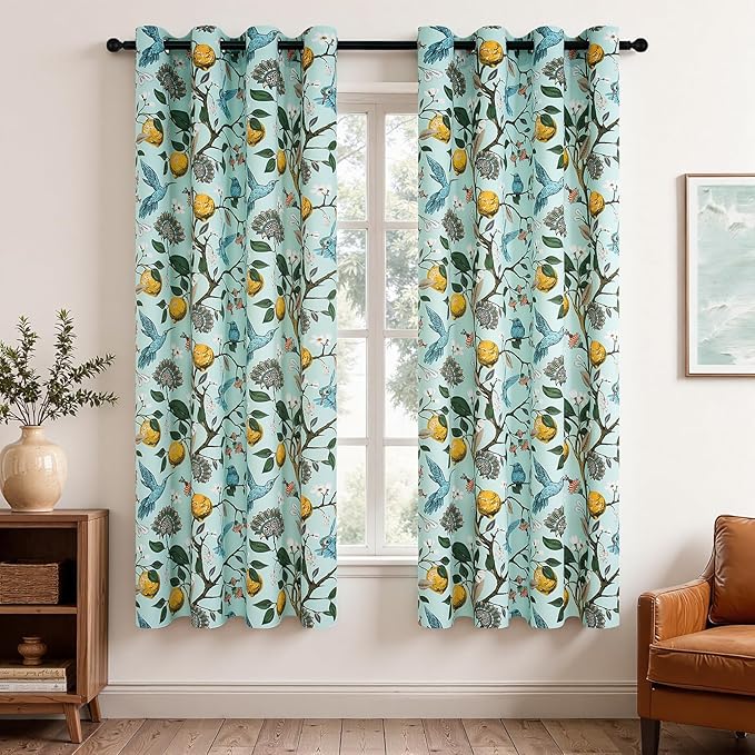 Topfinel 72 Inches Long Floral Curtains for Living Room Vintage French Country Grommet Botanical Hummingbird Woodland Patterned Mint Green Lemon Drapes for Bedroom Dining Living Room