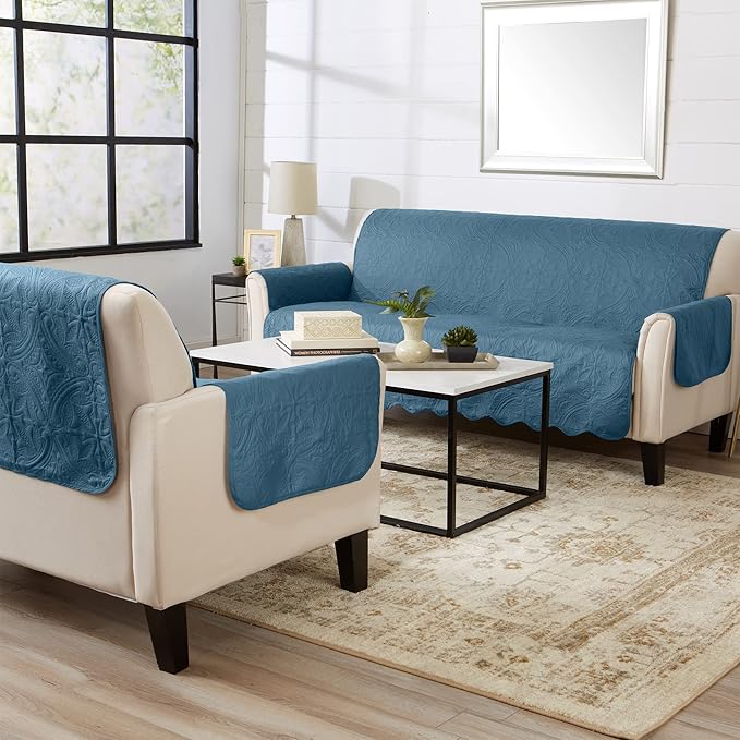 Great Bay Home Reversible Recliner Cover - Washable Slipcover Furniture Protector with Elastic Straps - Perfect for Kids & Pets - Quilted & Stitched Detail (Smoke Blue/Ivory)