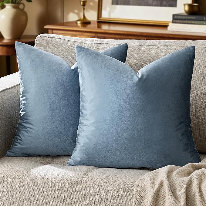 GIGIZAZA Stone Blue Velvet Decorative Throw Pillow Covers 18x18 for Sofa Living Room Soft Couch Pillow Cover Pack of 2