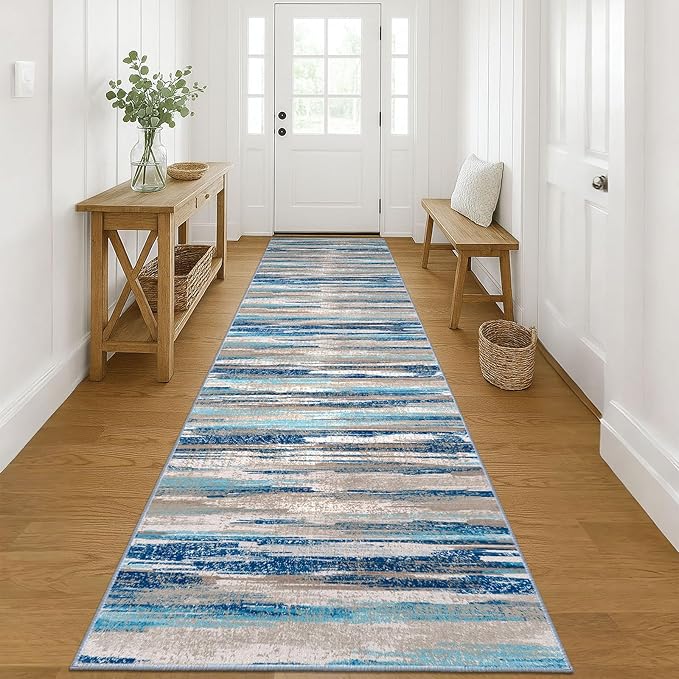 Lansny Modern Abstract Runner Rug 3x12, Blue Washable Long Kitchen Runner Non-Slip Soft Hallway Rug Runner Thin Print Faux Wool Carpet for Entryway Bedroom Laundry Room Indoor Home Decor