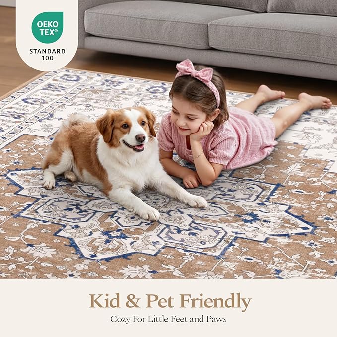 Rugflix 9x12 Area Rug for Living Room, Vintage Washable Area Rug Non Slip Backing Low Pile, Floral Soft Foldable Carpet for Bedroom Dining Room, Brown/Beige