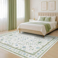 Hazo Haus Cream Oushak 6x9 Bedroom Rug - Boho Floral Cool Blue and Green, Washable Low Pile Non-Slip Ultra-Thin Large Area Rugs for Bed Room, Living Room, Playroom
