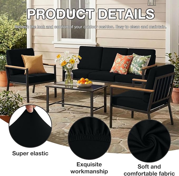 hyha 14Pcs Patio Cushion Covers, Stretch Outdoor Couch Cushion Covers Replacement, Washable Outdoor Chair/Sofa Slipcovers for Patio Furniture Cushions Protector with Elastic Bottom(Black,Cover Only)