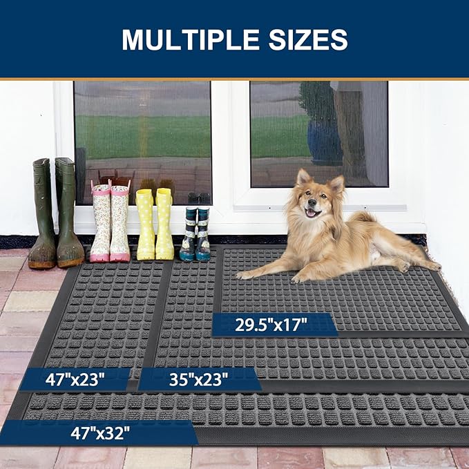 Smiry Front Door Mat Outside Entrance, Heavy Duty Natural Rubber Doormat, Non Slip, Trap Dirt and Moisture, Easy Clean, Low Profile Welcome Floor Mats for Indoor Outdoor Entry, 70x46.5 Inch, Grey